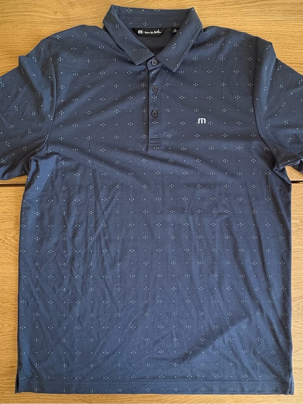 TravisMathew Mens XL Polo Shirt Navy Blue Geometric Diamond Dot Short Sleeve